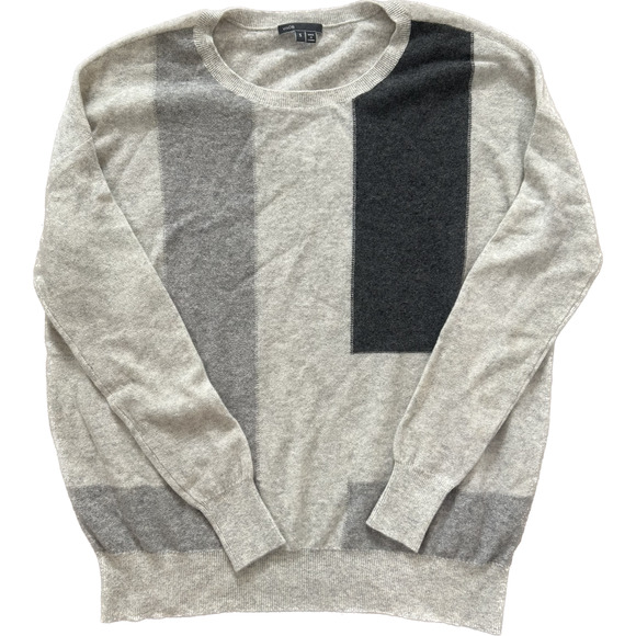 VINCE Women's 100% Gray Cashmere Color block Crew Neck Pullover Sweater Small - Picture 1 of 11